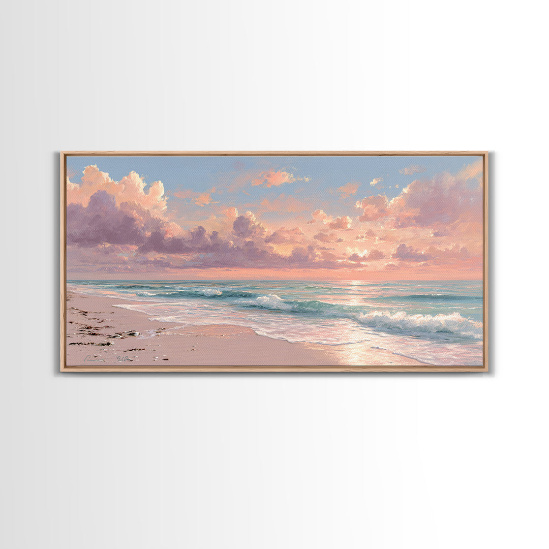 Pink Cloud Beach Sunrise Framed Canvas Print, Coastal Wall Art, Ocean Waves Seascape, Beach House Decor, Living Room Decor