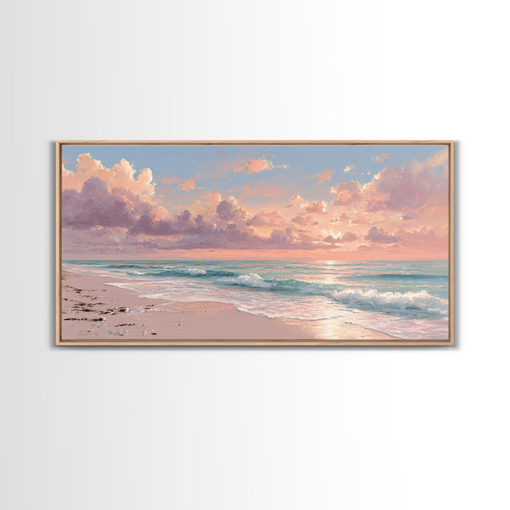 Pink Cloud Beach Sunrise Framed Canvas Print, Coastal Wall Art, Ocean Waves Seascape, Beach House Decor, Living Room Decor