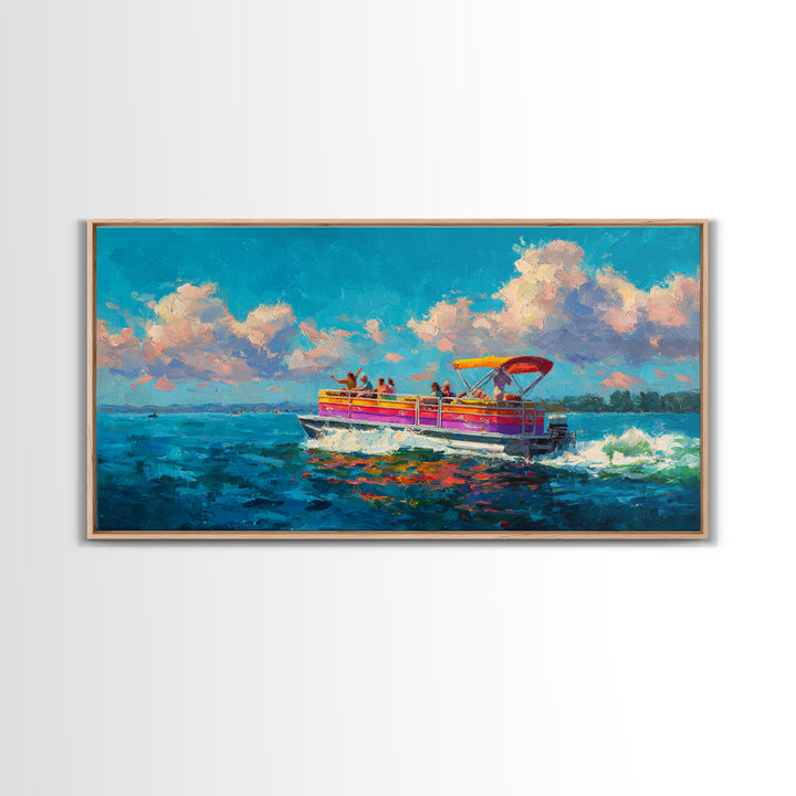 Vibrant Party Boat At Sea With Cheerful Passengers At Sunset Wall Art Framed Canvas Print Bright Colorful Coastal Decor