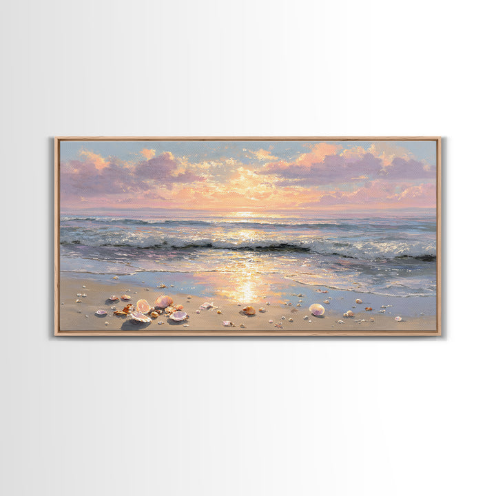Glowing Seashell Ocean Sunrise Canvas Print, Coastal Wall Art, Beach House Decor, Nautical Seascape, Gift For Her, Living Room Art