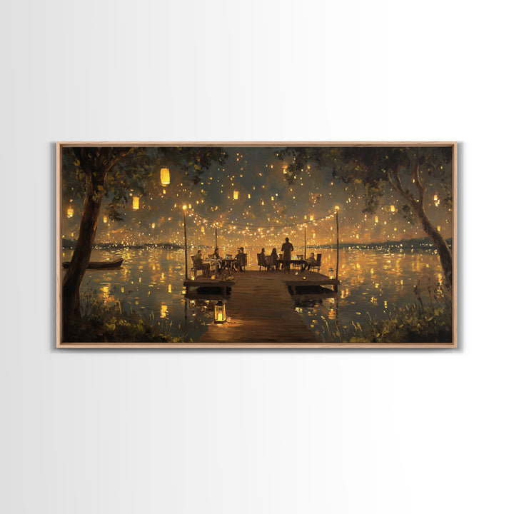 Romantic Evening Dinner On Lake Pier With Lanterns Glowing Warm Light Canvas Print Home Decor Wall Art