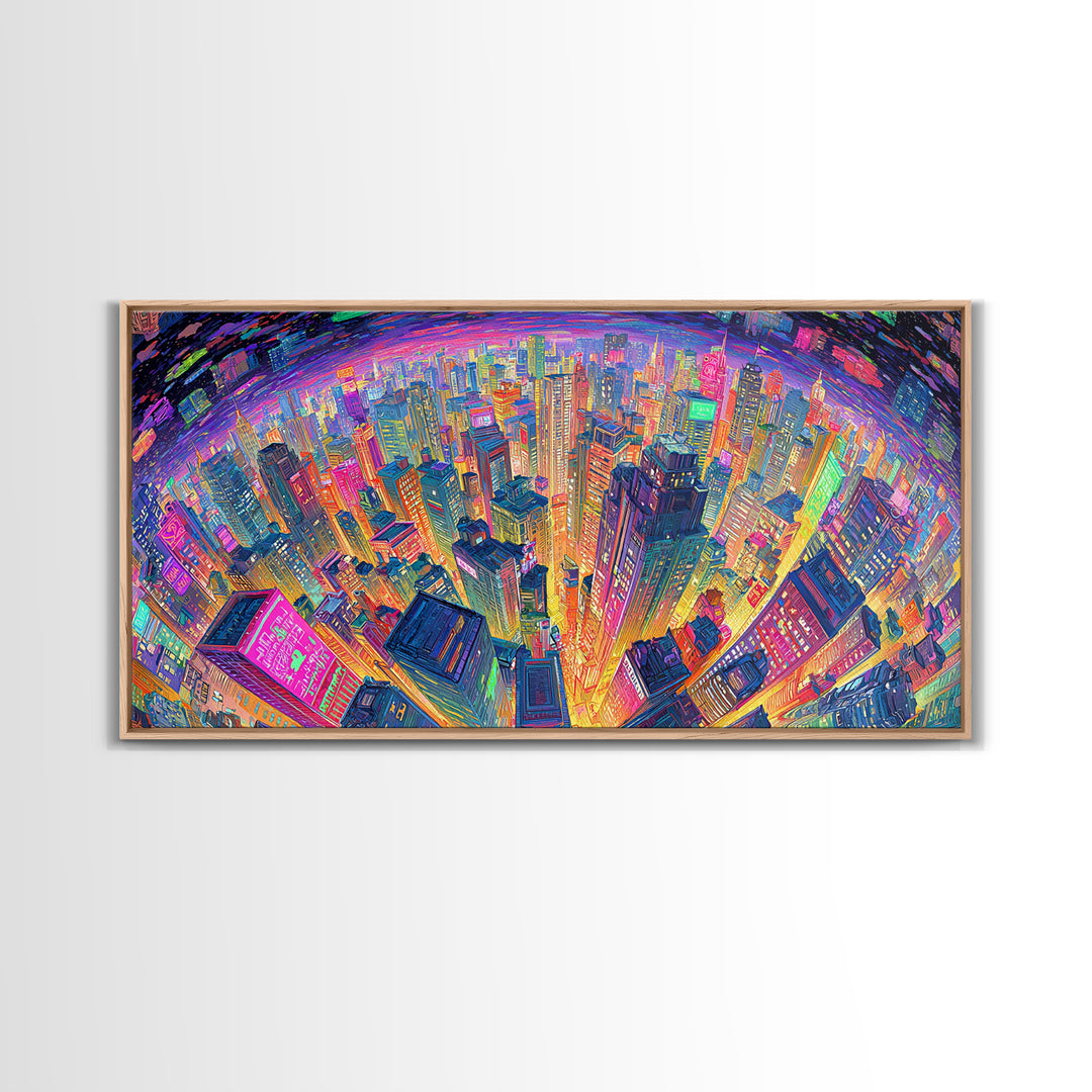 Vibrant Cityscape At Night With Neon Lights Wall Art Framed Canvas Print Modern Urban Wall Decor