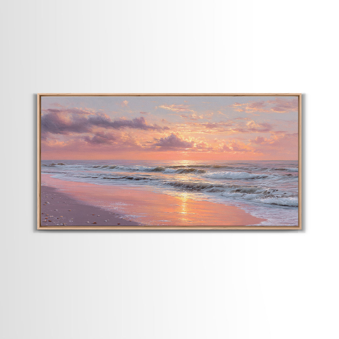 Pink Sunset Ocean Waves Wall Art, Romantic Coastal Decor, Beach House Seascape Canvas, Large Living Room Wall Art, Gift For Her