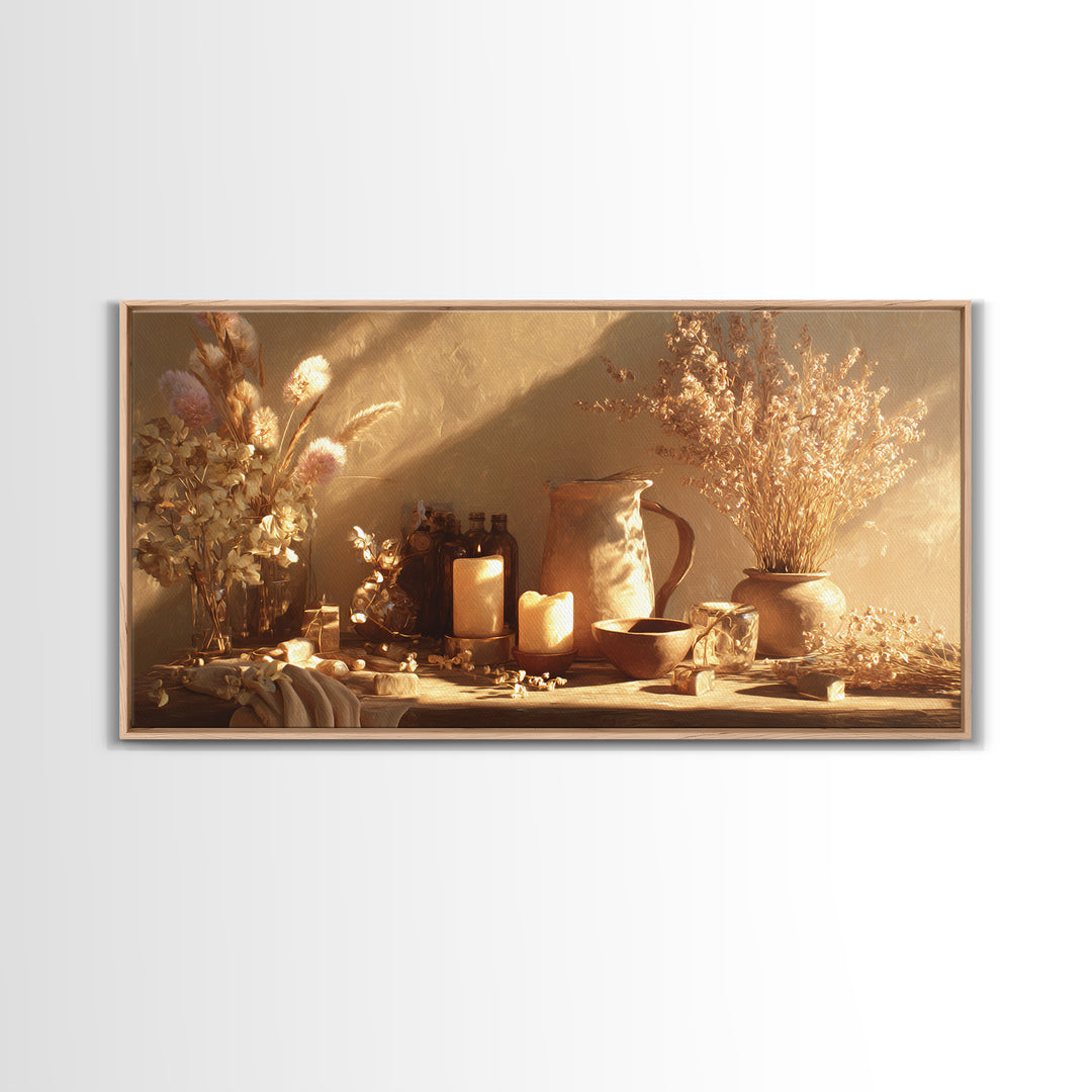 Golden Candle Dried Flower Still Life Wall Art, Neutral Wabi Sabi Decor, Rustic Home Decor, Cozy Framed Canvas Print, Gift