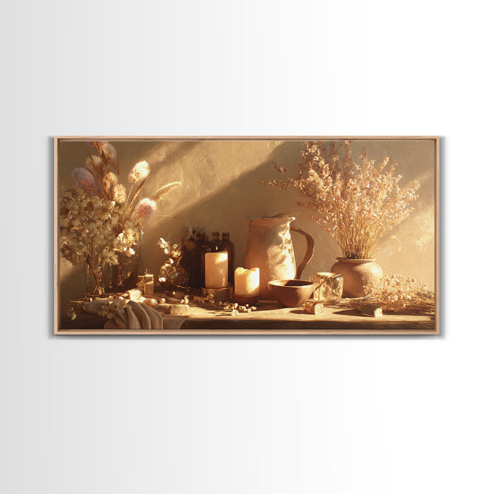 Golden Candle Dried Flower Still Life Wall Art, Neutral Wabi Sabi Decor, Rustic Home Decor, Cozy Framed Canvas Print, Gift