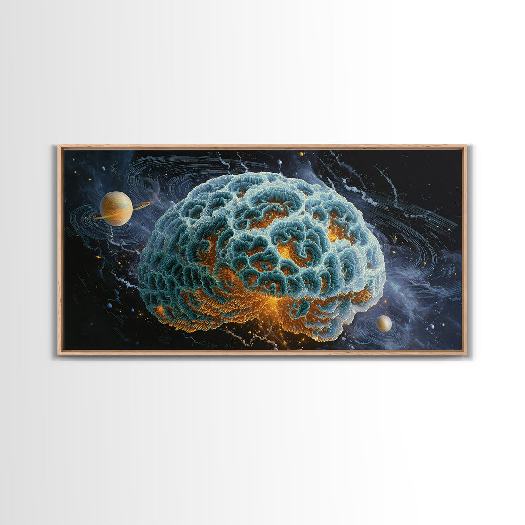 Surreal Cosmic Brain With Orbiting Planets And Vibrant Details Abstract Digital Wall Art Framed Canvas Print For Modern Home Decor