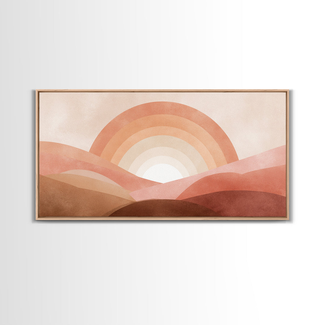 Terracotta Sunrise Over Abstract Desert Hills Wall Art, Boho Rainbow Landscape Print, Earth Tone Decor, Warm Minimalist Canvas