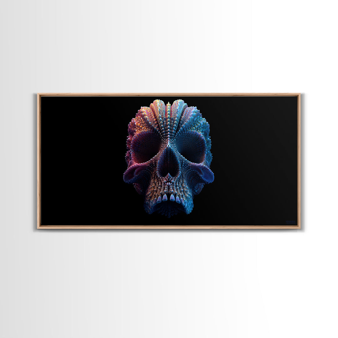 3D Digital Art Skull Sculpture In Moody Blue And Purple Tones Dark Abstract Wall Art Canvas Print For Gothic Home Decor