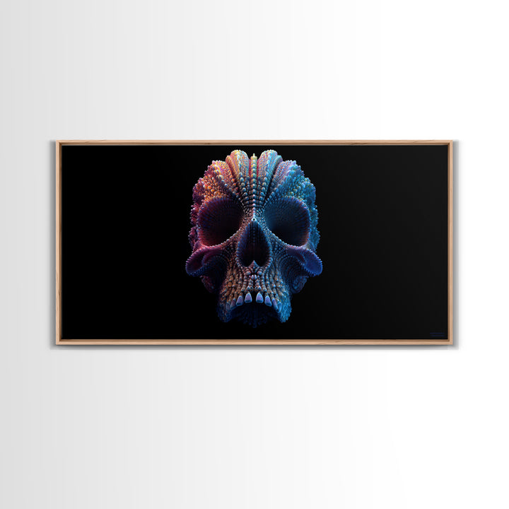 3D Digital Art Skull Sculpture In Moody Blue And Purple Tones Dark Abstract Wall Art Canvas Print For Gothic Home Decor