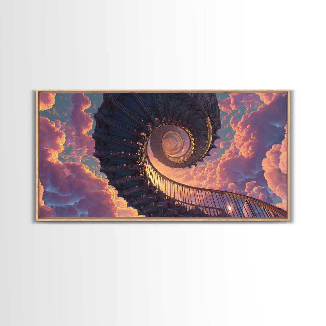 Surreal Spiral Staircase To Sunset Sky With Warm Clouds Canvas Print Dreamy Wall Art For Home Decor