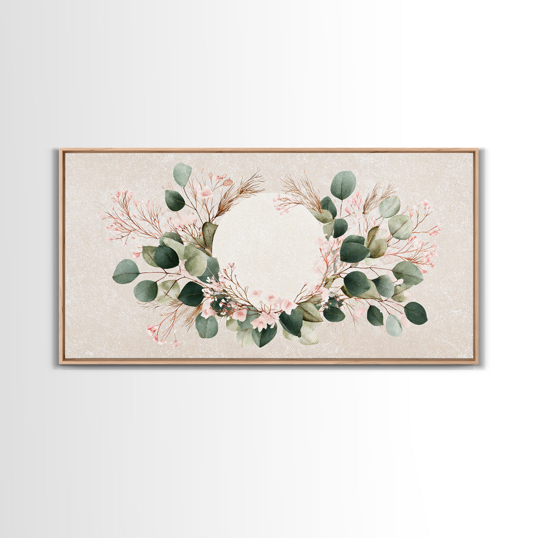 Eucalyptus Floral Wreath Wall Art, Botanical Greenery Print, Neutral Boho Home Decor, Living Room Above Bed Horizontal Canvas