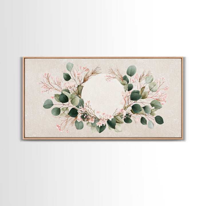 Eucalyptus Floral Wreath Wall Art, Botanical Greenery Print, Neutral Boho Home Decor, Living Room Above Bed Horizontal Canvas