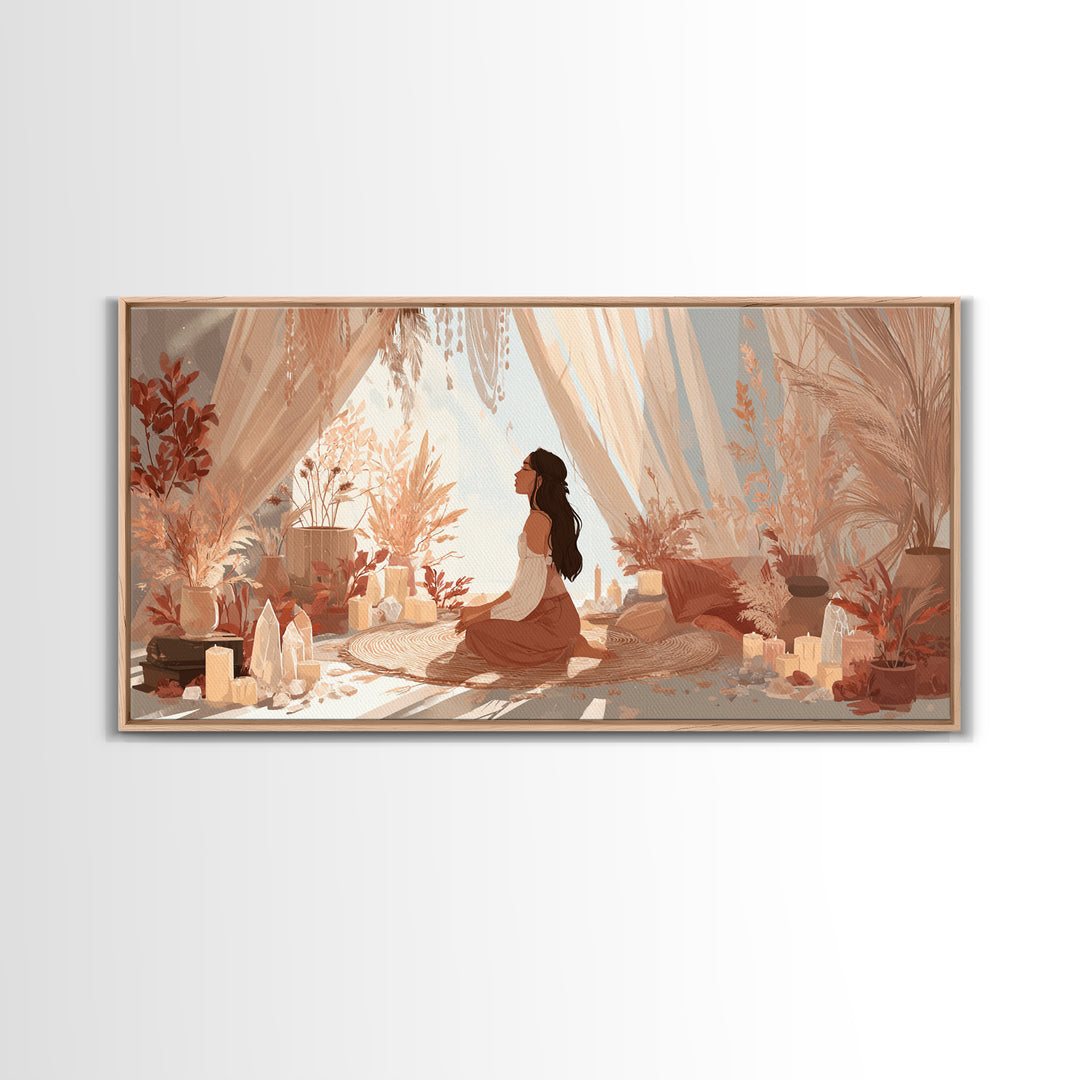 Sunlit Boho Meditation Room With Woman And Crystals Canvas Print, Spiritual Yoga Decor, Serene Feminine Wall Art Gift For Her