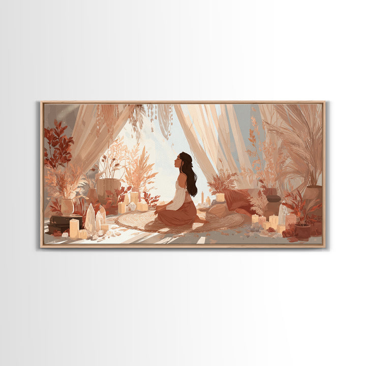 Sunlit Boho Meditation Room With Woman And Crystals Canvas Print, Spiritual Yoga Decor, Serene Feminine Wall Art Gift For Her