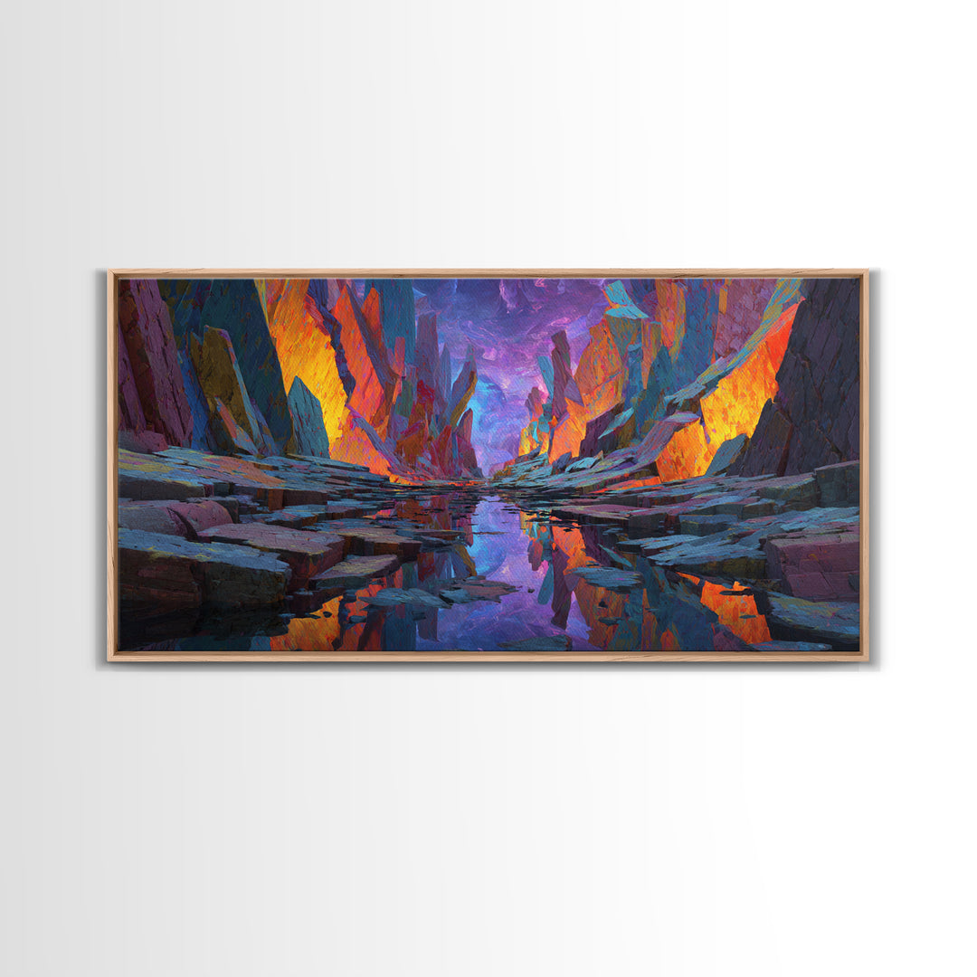 Vibrant Surreal Landscape With Fiery Rock Formations Reflected In Water Large Wall Art Framed Canvas Print