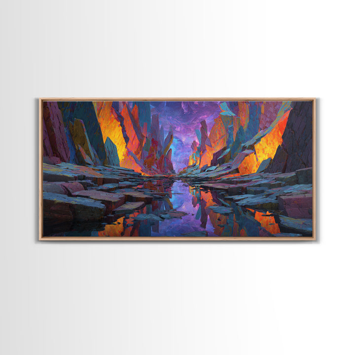 Vibrant Surreal Landscape With Fiery Rock Formations Reflected In Water Large Wall Art Framed Canvas Print