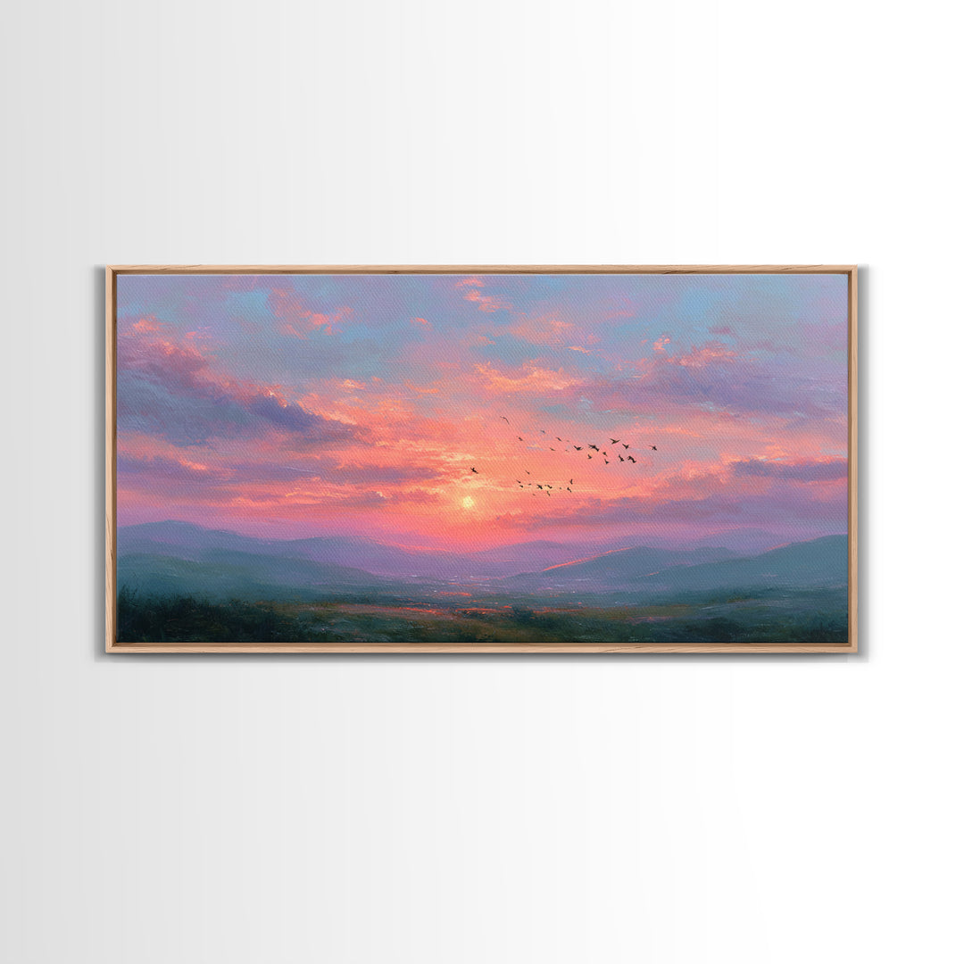 Pink Sunset Mountain Valley Landscape Canvas Print, Misty Nature Wall Art, Large Living Room Decor, Peaceful Housewarming Gift