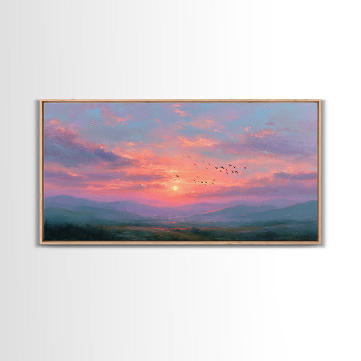 Pink Sunset Mountain Valley Landscape Canvas Print, Misty Nature Wall Art, Large Living Room Decor, Peaceful Housewarming Gift