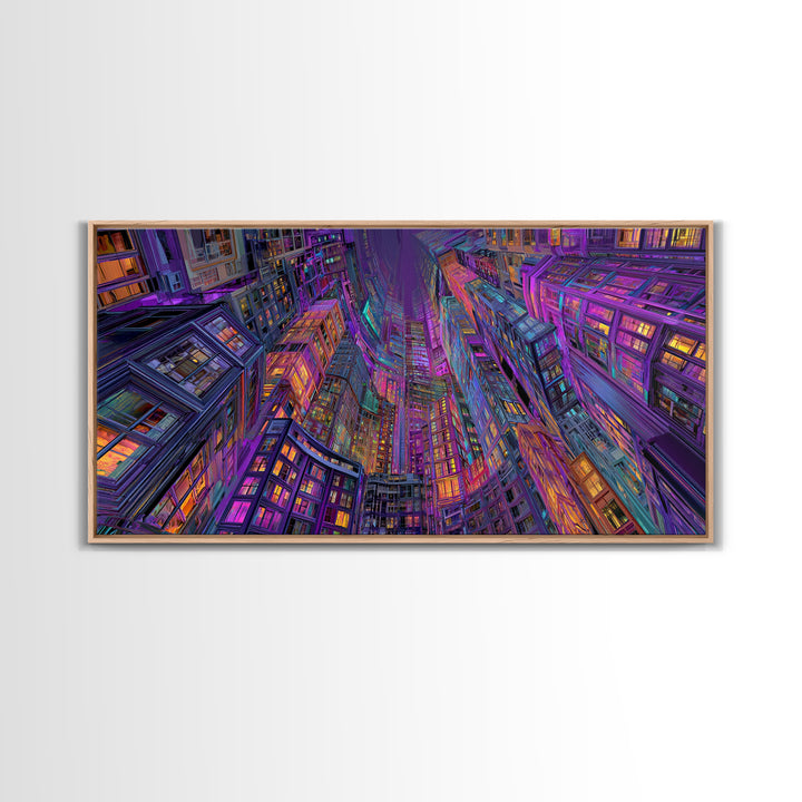 Vibrant Neon Cityscape With Tall Skyscrapers Artistic Wall Art Print, Colorful Urban Home Decor, Modern Framed Canvas Print