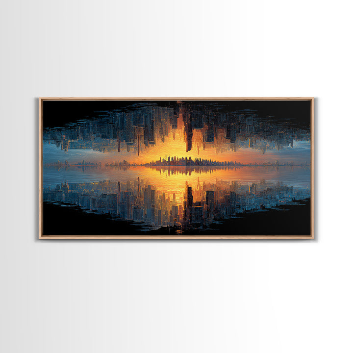 Abstract Cityscape Digital Painting Featuring Inverted Skyline And Sunset Reflection, Canvas Print For Modern Wall Art And Home Decor