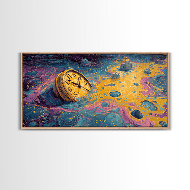 Surreal Abstract Time Melting Clock In Vibrant Blue And Gold Swirling Colors Contemporary Wall Art Printed Canvas Print