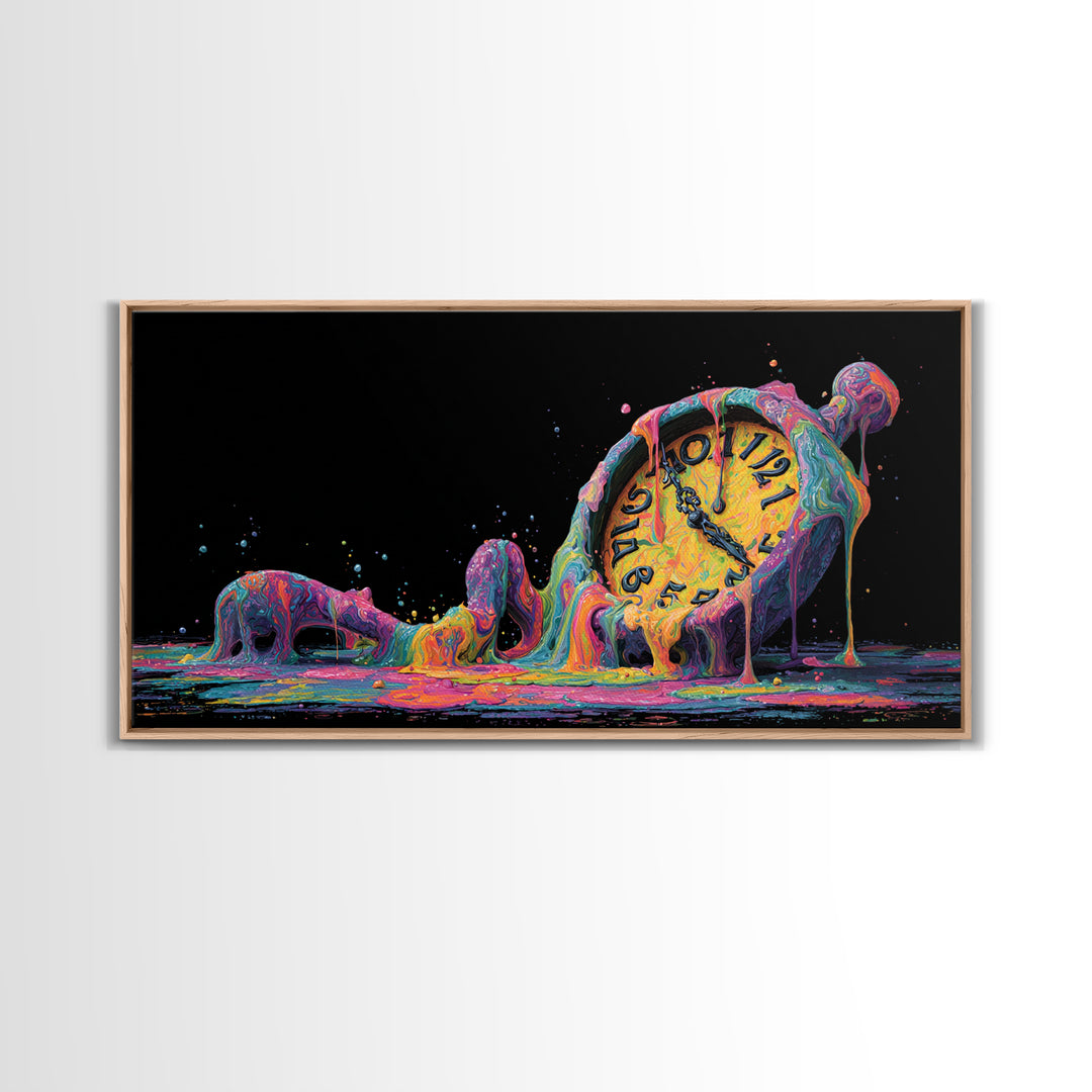 Melting Colorful Clock Surreal Wall Art Framed Canvas Print Abstract Art Home Decor Unique Gift