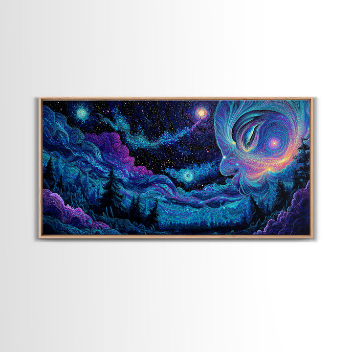 Enchanting Cosmic Blue Night Sky With Celestial Woman Figure Painting, Mystical Wall Art, Canvas Print For Spiritual and Meditation Decor