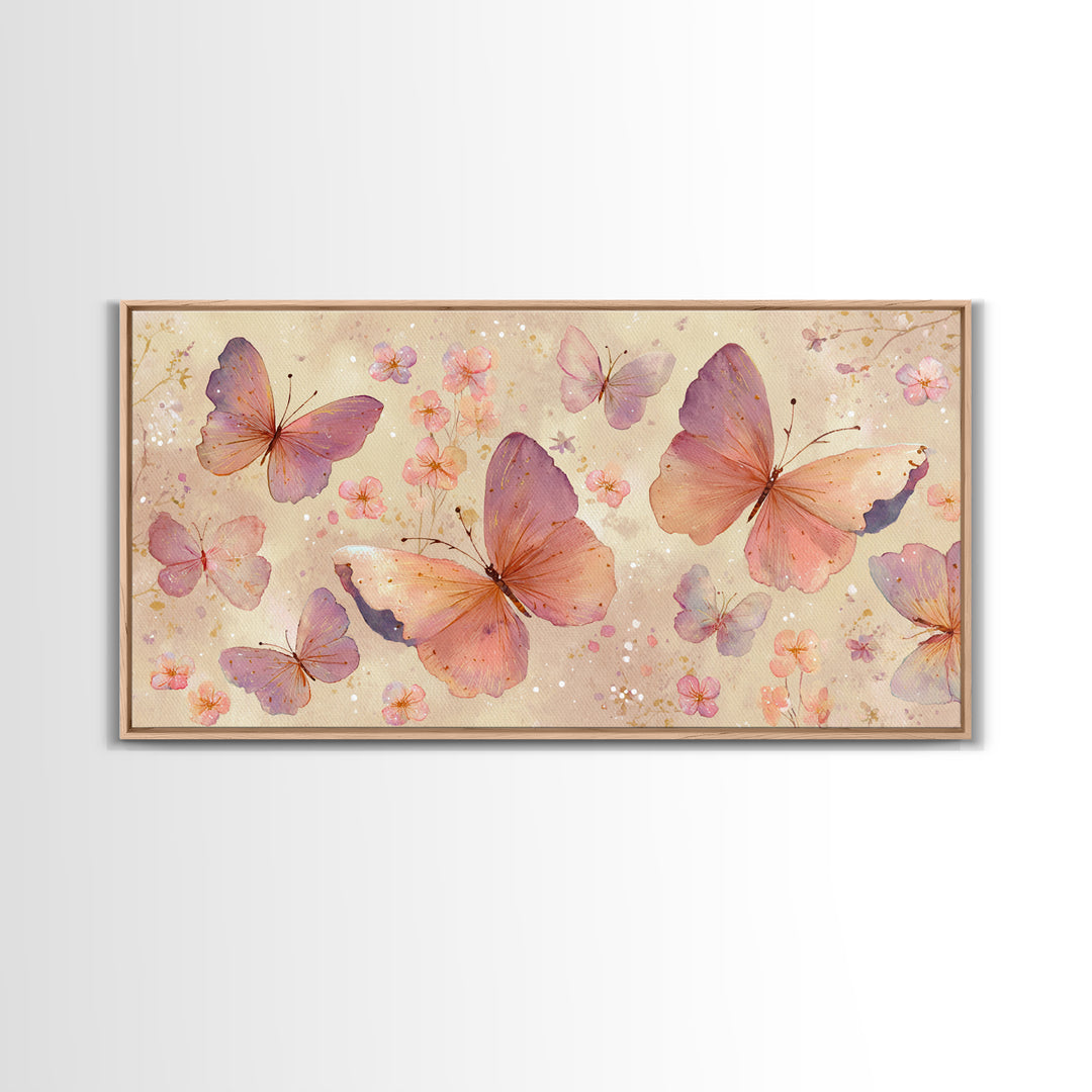 Blush Pink Butterflies And Tiny Flowers Wall Art, Pastel Canvas Print, Whimsical Nursery Bedroom Decor, Feminine Gift For Her