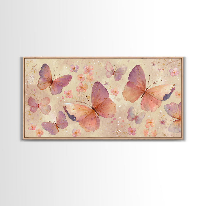 Blush Pink Butterflies And Tiny Flowers Wall Art, Pastel Canvas Print, Whimsical Nursery Bedroom Decor, Feminine Gift For Her