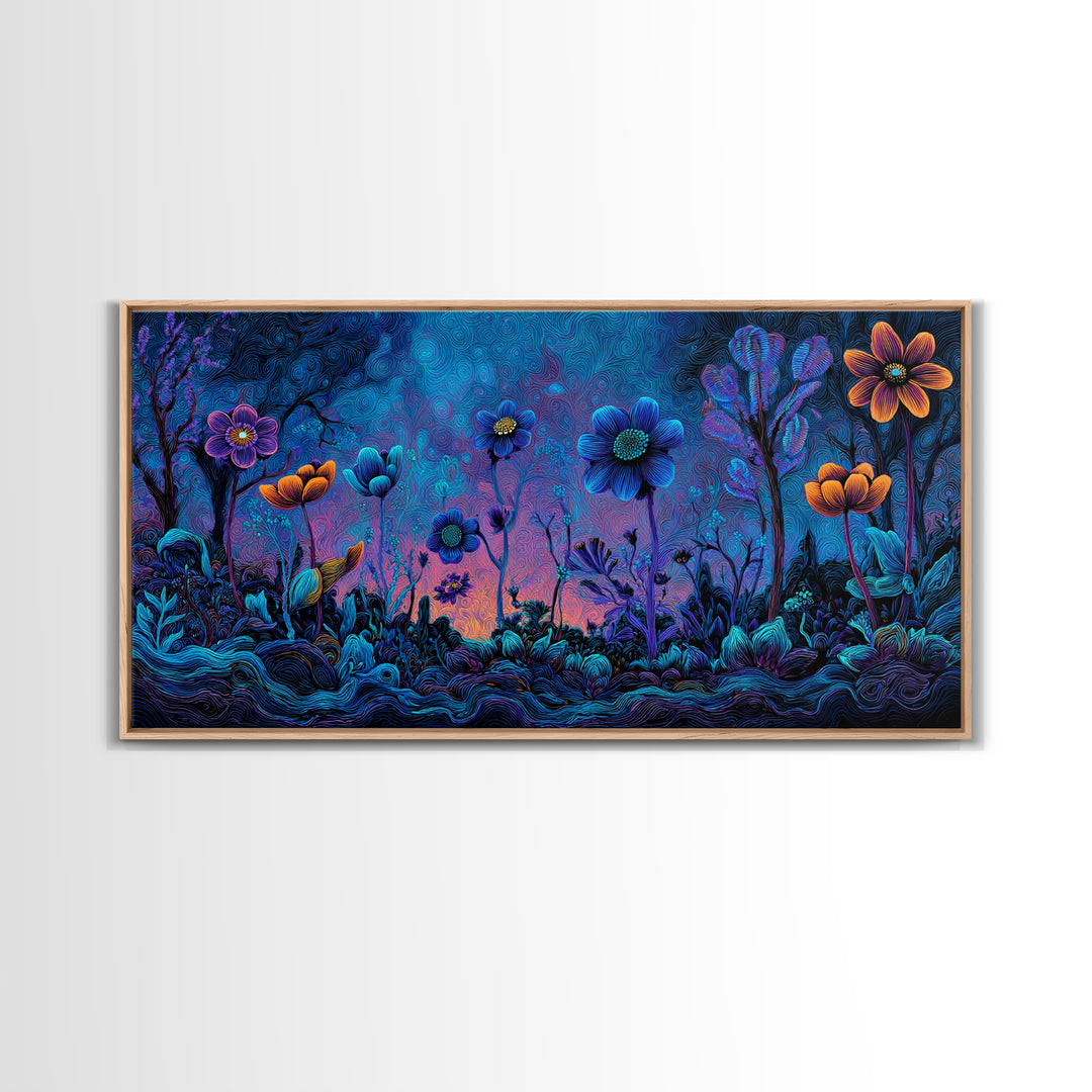 Whimsical Blue And Purple Flowers Digital Painting Vibrant Floral Wall Art Framed Canvas Print For Bedroom Or Living Room Decor