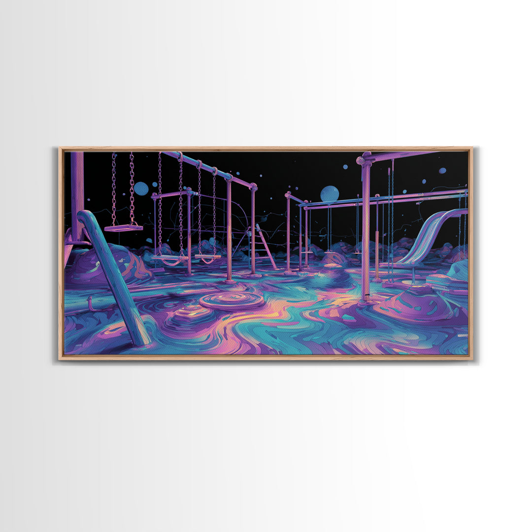 Surreal Neon Playground Illustration With Glowing Elements Wall Art Print, Vibrant Kids Room Decor, Modern Canvas Print