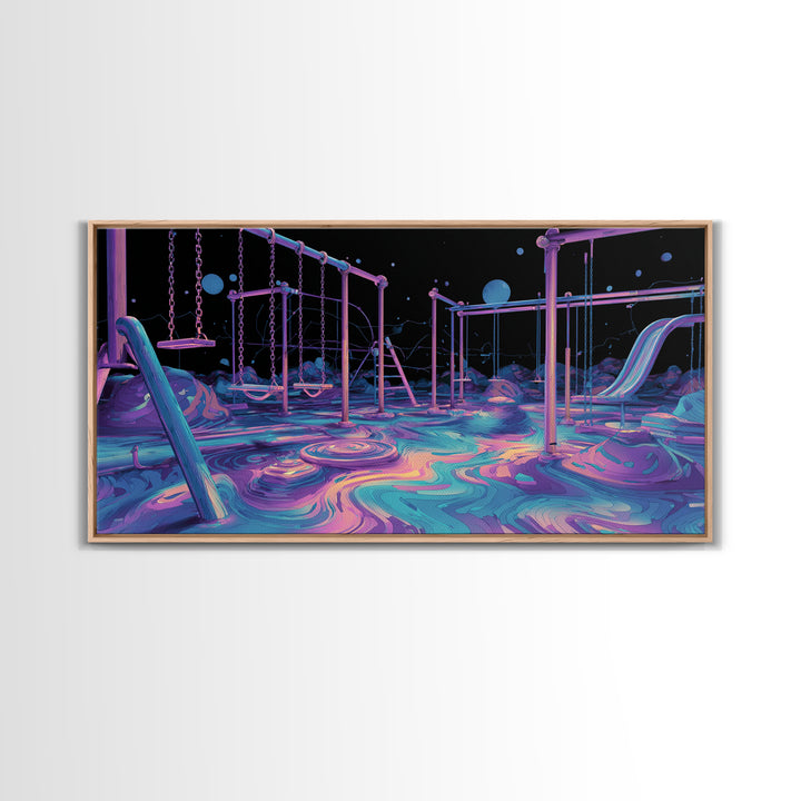 Surreal Neon Playground Illustration With Glowing Elements Wall Art Print, Vibrant Kids Room Decor, Modern Canvas Print