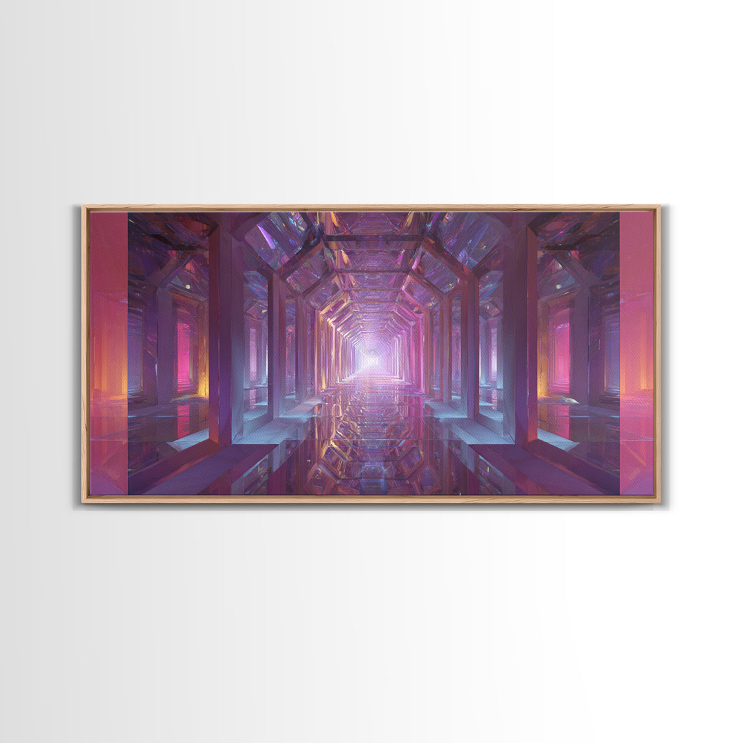 Futuristic Abstract Tunnel With Neon Lights And Mirrors Surreal Digital Art Wall Art Canvas Print