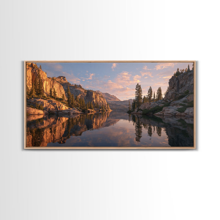 Golden Hour Mountain Lake Landscape With Reflection And Trees Framed Canvas Print Rustic Wall Art For Living Room Decor