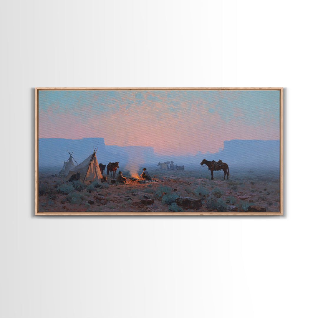 Rustic Cowboy Campfire Scene Oil Painting Wall Art Showcasing Western Lifestyle With Horses For Farmhouse Living Room Decor Framed Canvas Print