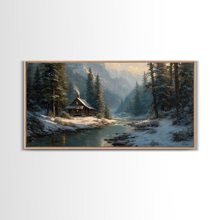 Rustic Winter Landscape Painting Of Cabin Beside Snowy Stream Large Wall Art Original Painting Canvas Print