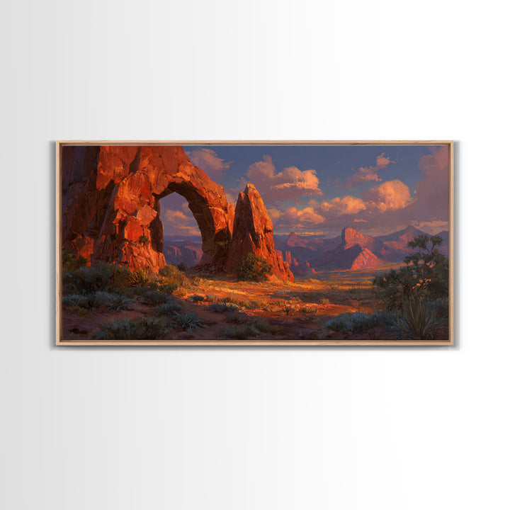 Sunlit Red Rock Arch In Desert Landscape Stunning Warm Tones Southwestern Wall Art For Living Room Decor Framed Canvas Print