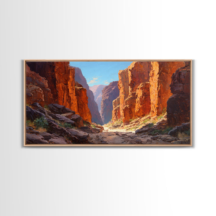Majestic Canyon Landscape Oil Painting With Dramatic Cliff Sunlight And Shadows Large Wall Art Framed Canvas Print For Rustic Home Decor