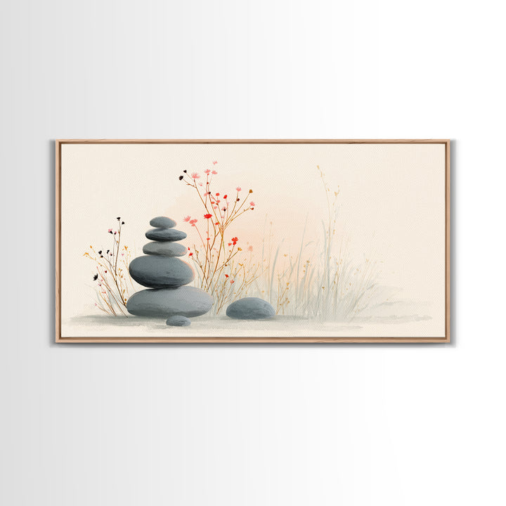 Stacked Zen Stones With Delicate Botanicals Wall Art, Minimalist Spa Decor, Calming Meditation Room Canvas Print, Neutral Home Decor