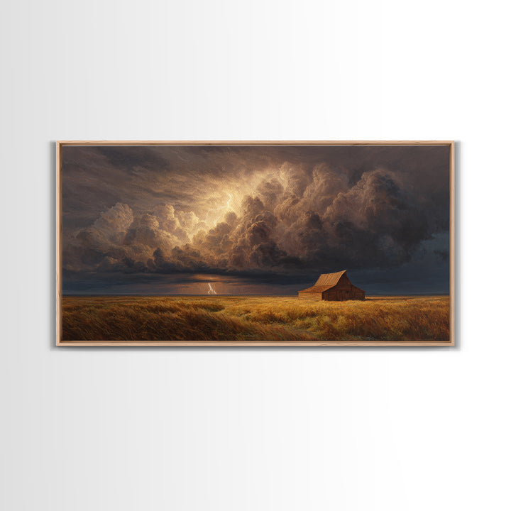 Dramatic Prairie Storm With Lightning Over Barn Large Wall Art Oil Painting Canvas Print Rustic Decor