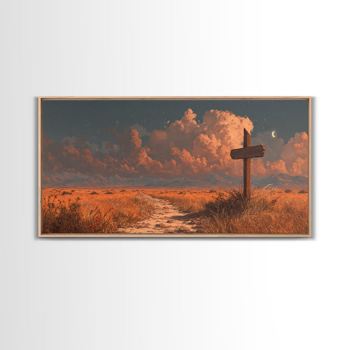 Tranquil Desert Landscape Sunlit Path With Cross Wall Art Sunset Painting Canvas Print Home Decor