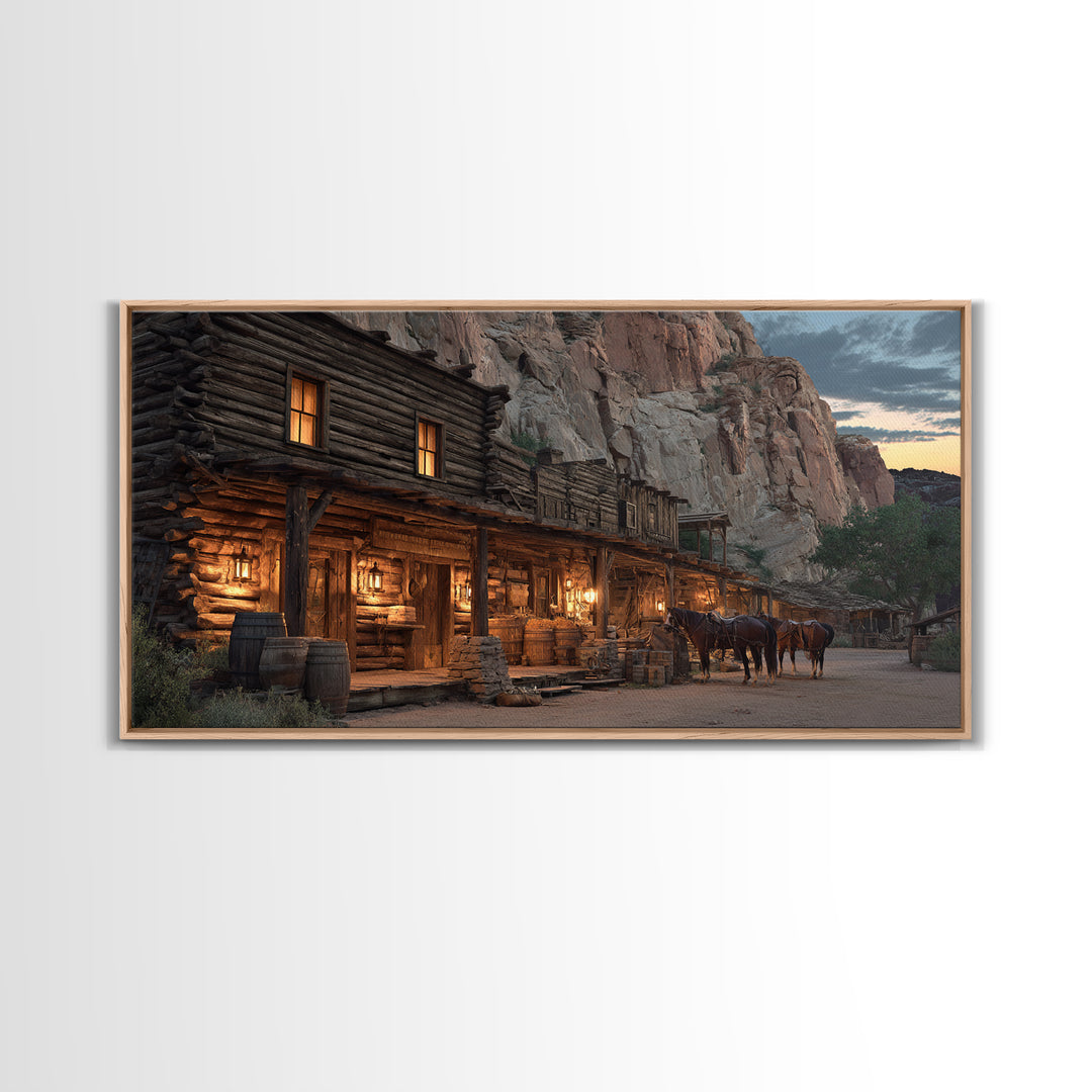 Historic Old Western Log Cabin With Horses At Dusk Wall Art Framed Canvas Print For Rustic Home Décor