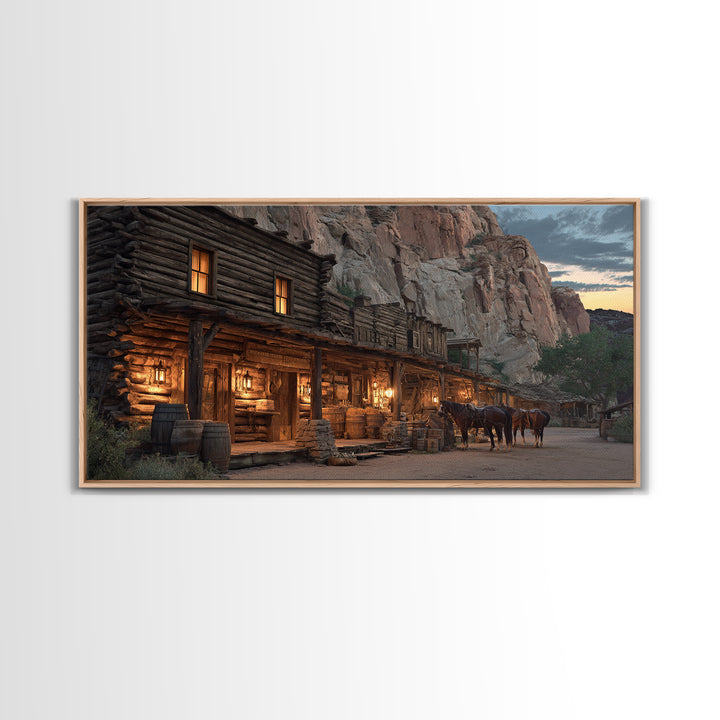Historic Old Western Log Cabin With Horses At Dusk Wall Art Framed Canvas Print For Rustic Home Décor