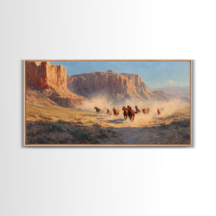 Dramatic Wild Horses Running Across Dusty Plains Majestic Western Landscape Wall Art Canvas Print for Rustic Home Decor