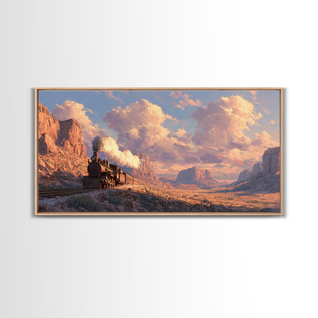 Vintage Steam Locomotive Train Crossing Desert Canyon Landscape Painting Canvas Print Rustic Wall Art