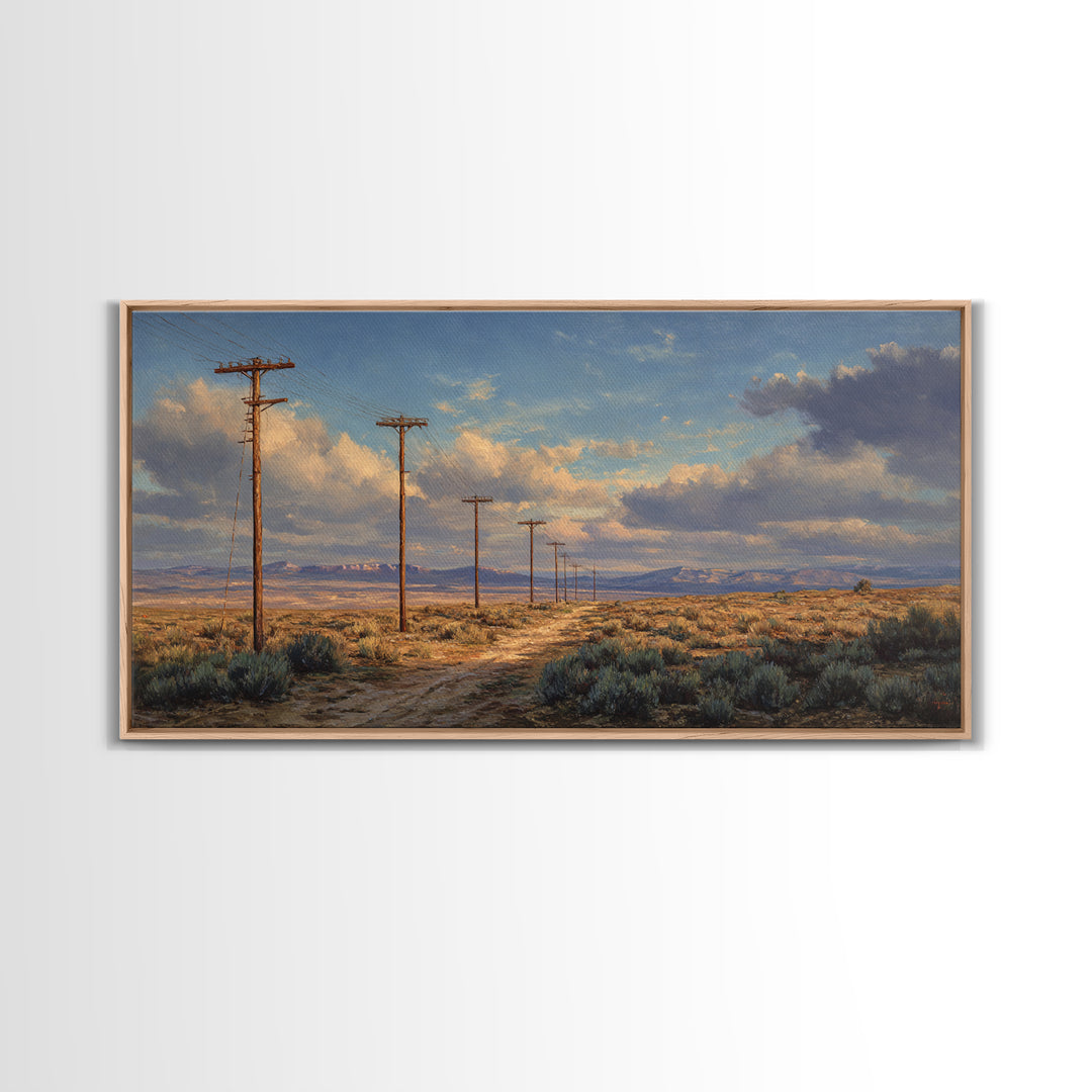 Desert Landscape With Power Poles Under Dramatic Sky Oil Painting Large Wall Art For Home Decor