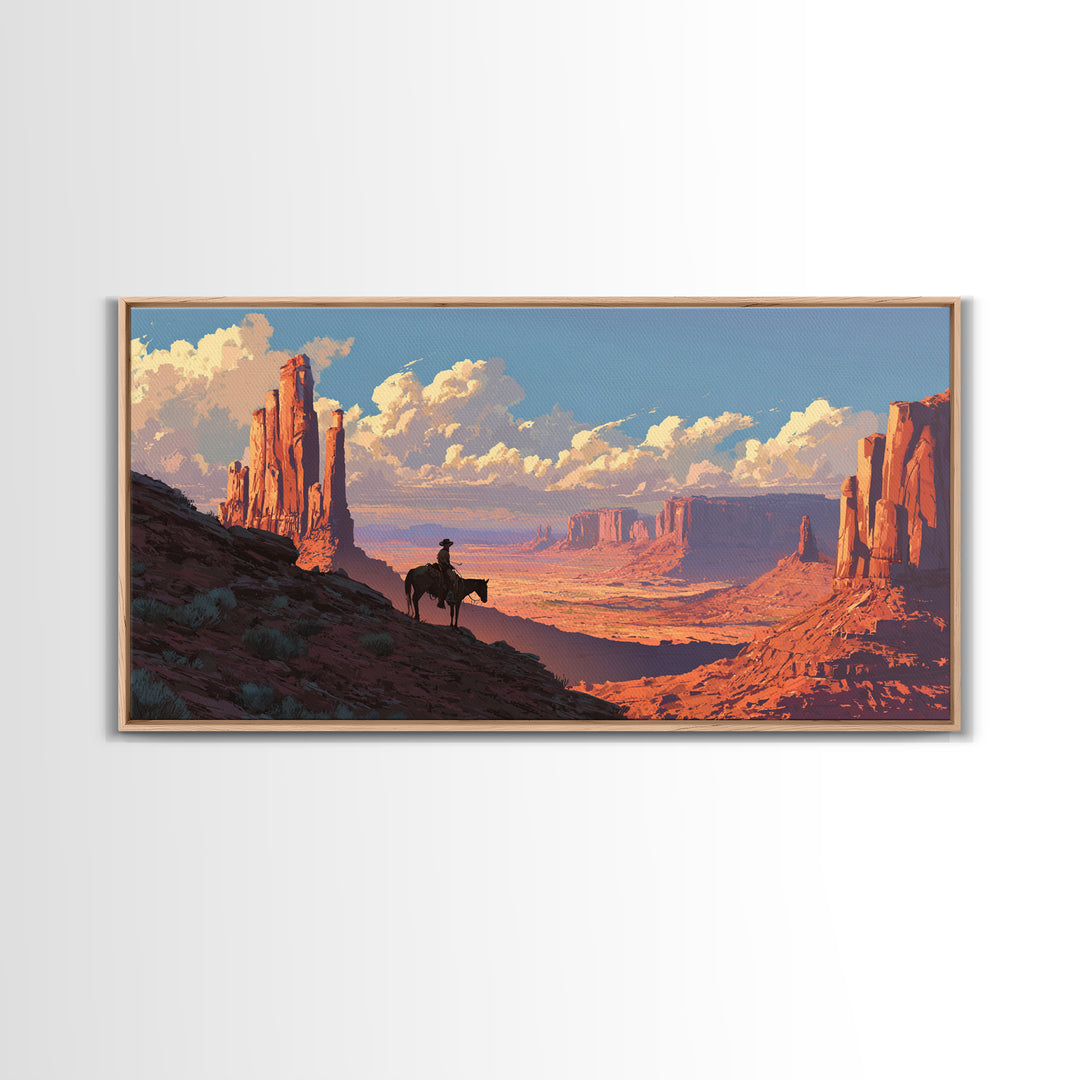 Cowboy On Horse Overlooking Majestic Red Rock Canyon Landscape Wall Art Framed Canvas Print For Rustic Home Decor