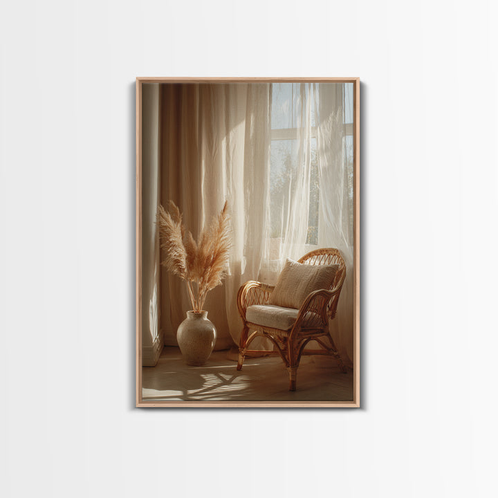 Sunlit Rattan Chair With Pampas Grass Framed Canvas Print, Boho Wall Art, Neutral Home Decor, Cozy Bedroom Wall Decor Print