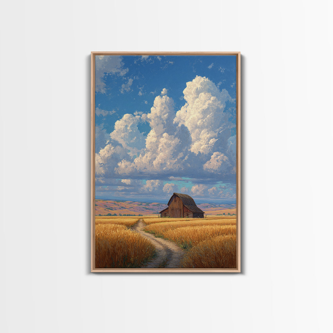 Quiet Serenity Of Rustic Barn In Golden Field Under Expansive Sky Wall Art Framed Canvas Print
