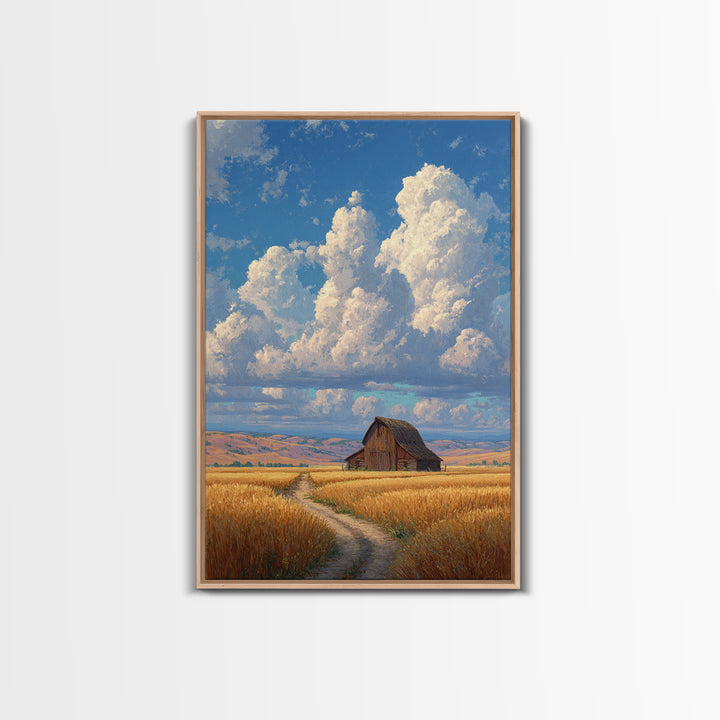 Quiet Serenity Of Rustic Barn In Golden Field Under Expansive Sky Wall Art Framed Canvas Print